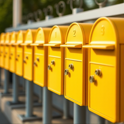 Create a high-resolution image of multiple yellow mailboxes arranged in a row, captured with a Canon EOS R5, 50mm lens, aperture f/2.8, ISO 100, at a 45-degree angle view, using soft natural lighting to enhance color vibrancy and detail.