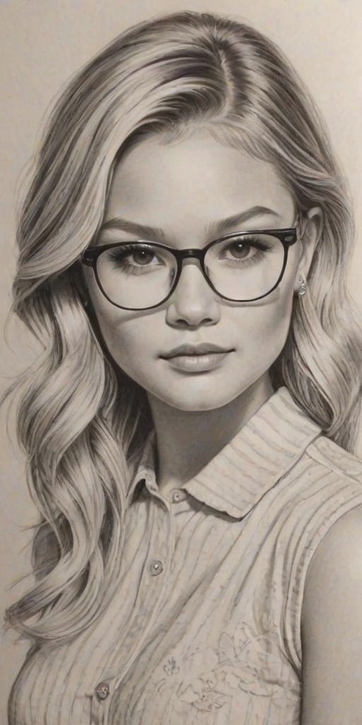 Beauteous Olivia Holt, pencil sketch, portrait of Charming woman 1931s in glasses, hair style beatnik, outline, clear lines, fine lines, 8k