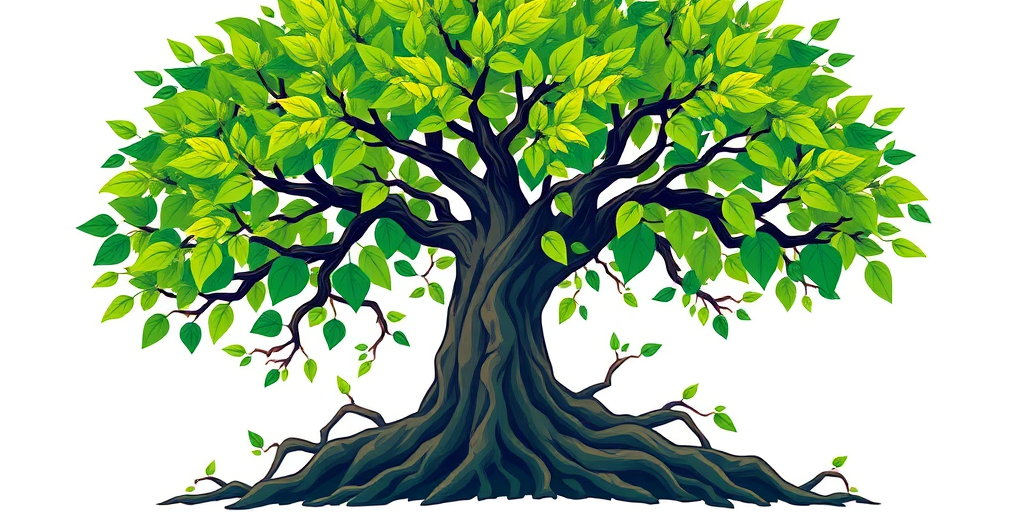 Create a vibrant illustration of a stylized tree with lush green leaves and intricate roots, using a DSLR camera with a 50mm lens at f/2.8, ISO 100, and a focus on a clean white background for enhanced contrast.