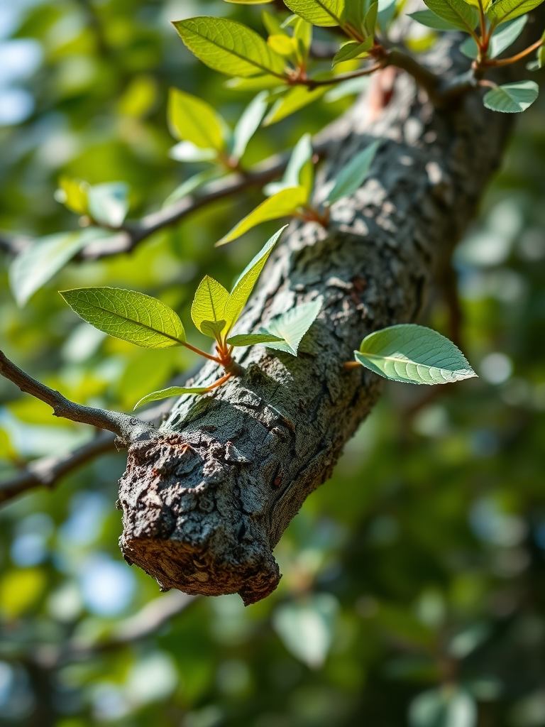 Create a high-resolution illustration of a tree branch with green leaves, using a macro lens with a shallow depth of field, focus on the texture of the bark and leaves, natural lighting, shot with a DSLR camera at f/2.8, ISO 100, 50mm focal length.