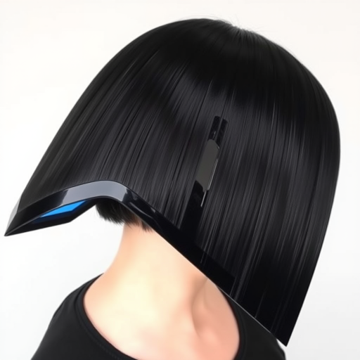 Jet black geometric bob with sharp angles and a glossy finish, dubbed "Obsidian Edge," showcasing a precise, architectural shape and a single neon blue streak