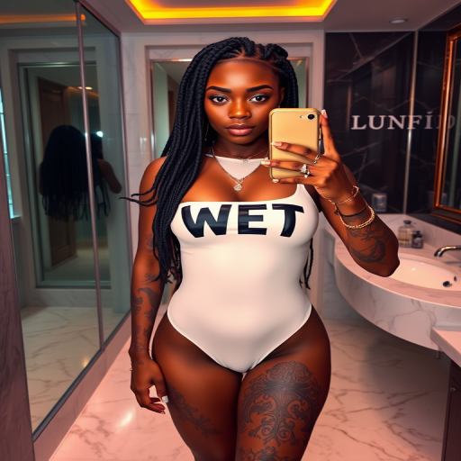 A 20-year-old African woman with ultra-dark skin and long, braided dreadlocks takes a selfie in a luxurious nightclub bathroom. The room features marble floors, mirrored walls, and a sophisticated design with soft, neon lighting. She is wearing a fitted white bodysuit with 'WET' printed in bold black letters across the chest. The bodysuit, slightly damp, clings to her slender figure, subtly hinting at the skin beneath without revealing too much. Her body is adorned with intricate, bold tattoos that cover her arms, hands, and thighs, including a prominent tribal design on her thigh. She has a neutral expression, her full lips slightly pursed, as she holds up her phone with a gold case to take the photo