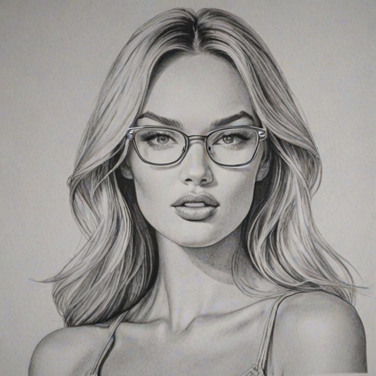 Wonderful Candice Swanepoel, pencil sketch, portrait of Pleasing woman 1963s in glasses, hair style beatnik, outline, clear lines, fine lines, 8k