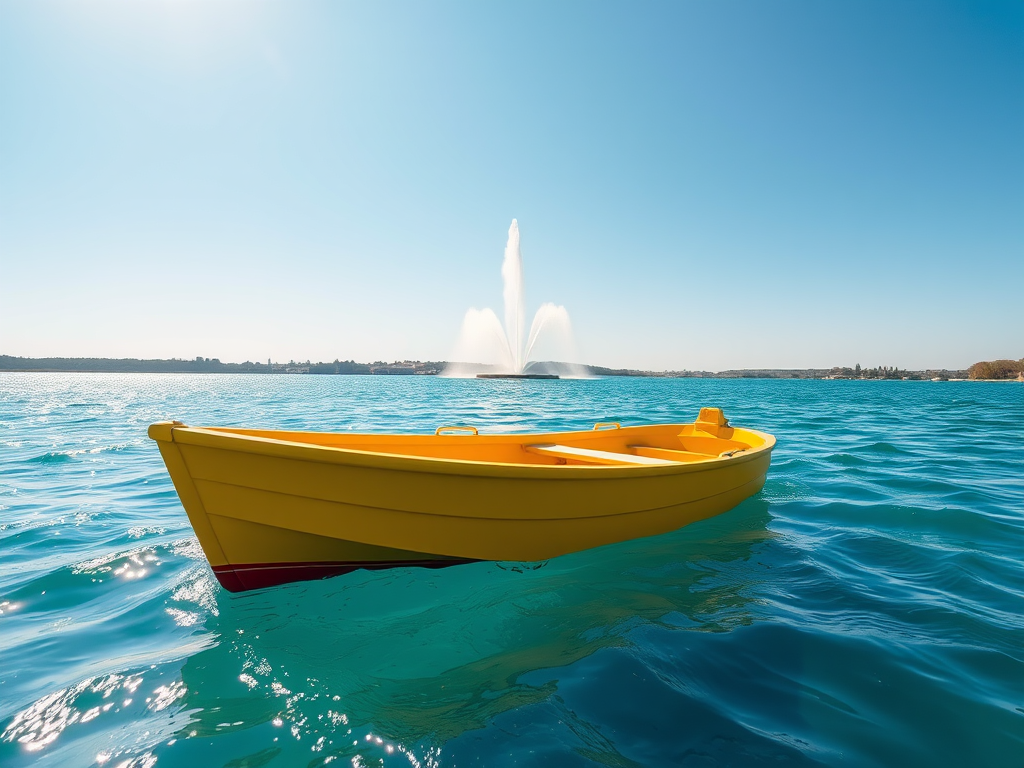 generate a high-resolution image of a vibrant yellow boat on a clear blue lake with a prominent water fountain in the background under a bright sunny sky, using a Canon EOS R5 with a 24-70mm f/2.8 lens, aperture f/8, ISO 100, shutter speed 1/200s, taken from a medium angle slightly above water level for a dynamic view.