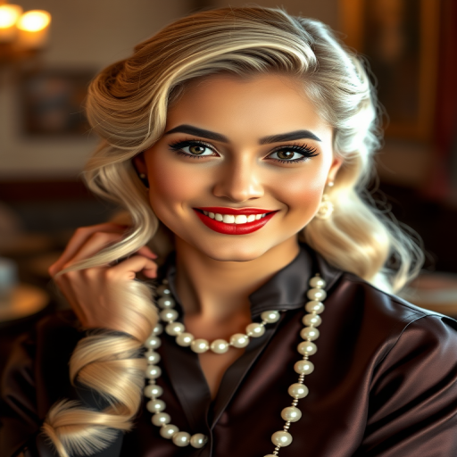 A beautiful Nepali woman reminiscent of 1950s Hollywood glamour, with perfectly styled blonde hair and a seductive smile, dressed in a satin blouse and adorned with pearls, soft and warm tones, photorealistic, 8K