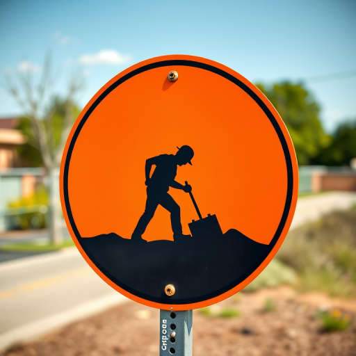 Create a high-resolution vector image of a construction sign featuring a silhouette of a worker digging, using a Canon EOS 5D Mark IV with a 50mm f/1.8 lens, aperture set to f/8, ISO 100, in a bright outdoor environment with natural lighting and a sharp focus on the sign design.