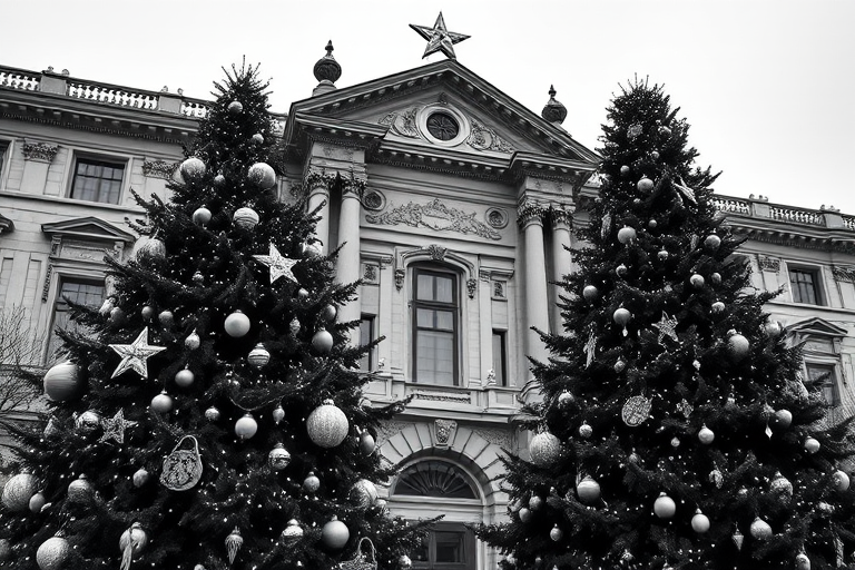 Generate a black and white image of a large Christmas tree decorated with ornaments in front of an ornate historical building. The scene should capture the festive atmosphere, highlighting the tree and the architectural details of the building in the background, with a star on top of the tree.