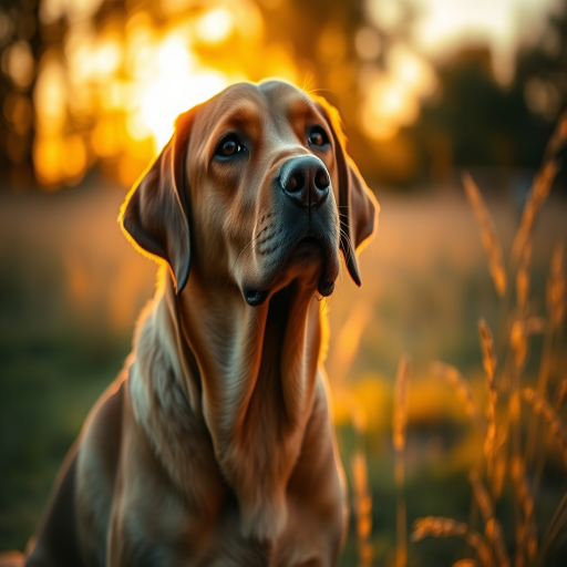 Labrador retriever in a golden sunset, shallow depth of field, f/1.8 aperture, 85mm lens, ISO 200, shot from a lower angle to emphasize the dog's profile, natural lighting, DSLR camera.