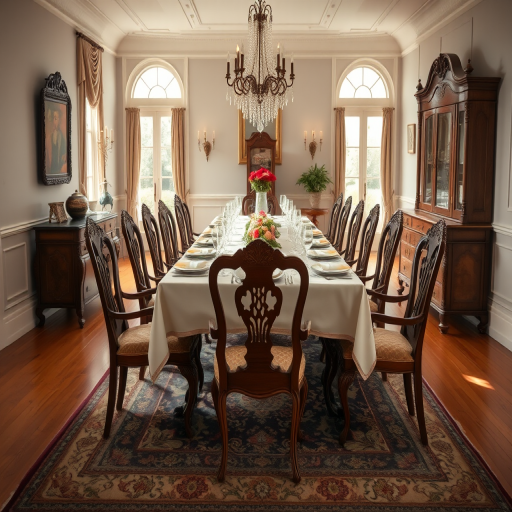 Create an image of an elegant dining room with a long, ornate table set for a meal, featuring various antique chairs, soft natural lighting, a classic rug underneath, shot with a DSLR camera at 50mm f/1.8, ISO 200, aperture priority mode, with a shallow depth of field.