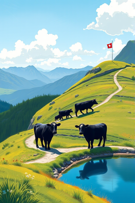 Generate a vibrant illustration of a rolling Swiss landscape featuring black cows along a winding path, with a small Swiss flag on a hilltop, a clear blue lake in the foreground, using a digital painting style, with vibrant colors and high resolution, captured in a wide-angle view with a slight depth of field for added focus.
