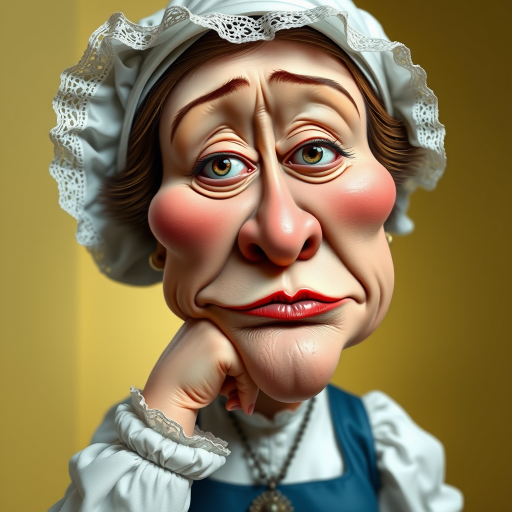 The image is a caricature of a woman with exaggerated features. She is wearing a white bonnet with lace trim and a white blouse with a blue bodice. She is leaning her chin on her hand with a bored or tired expression. Her lips are full and pouty, her cheeks are round and puffy, and her eyes are wide and slightly crossed. Her nose is long and thin, and her brows are furrowed. She is wearing a necklace with a large, ornate pendant. The background is a soft, blurry yellow. The overall effect is humorous and slightly grotesque.