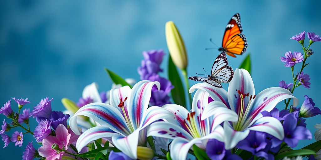 Create a vibrant floral arrangement with blue and white lilies, purple flowers, and a butterfly against a soft, blurred blue background, captured with a DSLR camera, aperture f/2.8, shutter speed 1/200s, ISO 100, macro lens, and soft focus effect.
