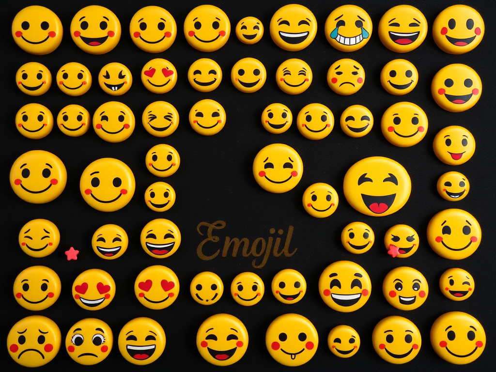 Create a high-resolution image of a collection of 20 emoji faces on a black background, using a DSLR camera with a 50mm lens at f/1.8, ISO 100, and a 1/100s shutter speed for optimal clarity and vibrant color.