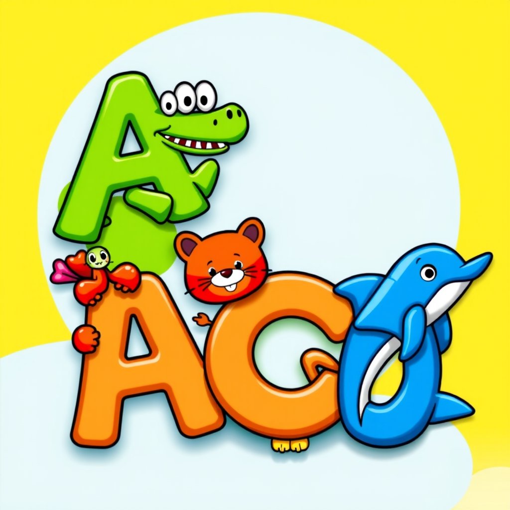 Create a colorful illustration featuring playful, cartoonish letters A, B, C, and D, each accompanied by a fun animal character: A with a green alligator, B with a red bear, C with an orange cat, and D with a blue dolphin, set against a vibrant yellow and blue backdrop, captured with a DSLR camera at f/8, ISO 100, 1/200 sec, in a studio setting with softbox lighting to enhance image quality.