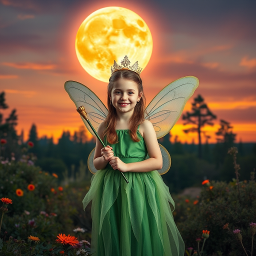 A vivid photo  taken under a bright camera flash of a fantastical scene set against a backdrop of a forest during sunset. The main subject is a girl dressed as a fairy, adorned with translucent wings and a green dress, holding a wand, her face is happy, and she wears a crown on her head. The forest behind her is a blend of flowers, shrubs and trees. The sky is painted in hues of orange and pink, with a large, glowing moon casting a warm glow over the scene. The overall color palette is dominated by earthy tones.