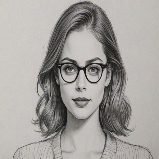 Charming Willa Holland, pencil sketch, portrait of Magnificent woman 1949s in glasses, hair style beatnik, outline, clear lines, fine lines, 8k