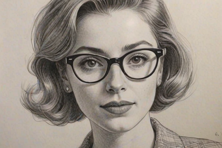 Lovely Molly Bernard, pencil sketch, portrait of Enchanting woman 1955s in glasses, hair style beatnik, outline, clear lines, fine lines, 8k