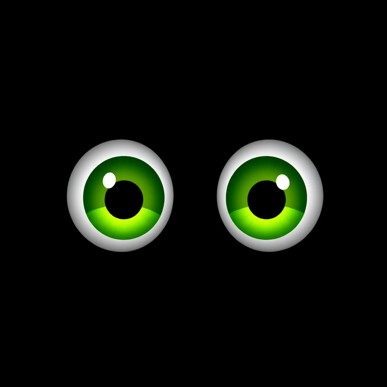 Create a high-resolution digital illustration of large, bright green cartoon eyes against a solid black background, using a Canon EOS 5D Mark IV camera with a 50mm f/1.8 lens, aperture set to f/1.8, ISO 100, and a shallow depth of field to enhance visual clarity and softness around the edges.