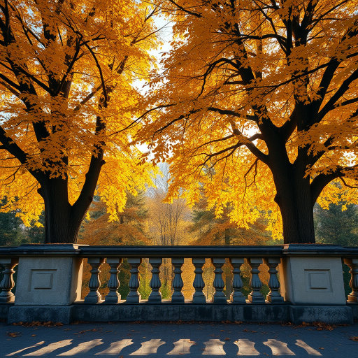 Capture a serene autumn scene featuring two large trees with vibrant golden leaves framing a rustic stone balustrade, glowing sunlight filtering through the foliage, shot with a Canon EOS R5, 24mm lens, f/8 aperture, ISO 100, 1/250 sec shutter speed, HDR style for enhanced dynamic range.