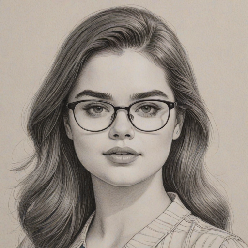 Wonderful Barbie Ferreira, pencil sketch, portrait of Exquisite woman 1974s in glasses, hair style beatnik, outline, clear lines, fine lines, 8k