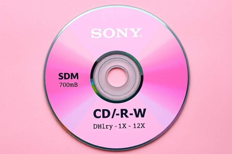 Create a high-resolution image of a CD-RW disc with a pink background featuring the text "SONY CD-RW 700MB for HIGH SPEED DRIVE only 1X - 12X" in a clean, modern font, using a DSLR camera with an f-stop of 2.8, ISO 100, and a focal length of 50mm, shot from a top-down view to emphasize the disc's design.