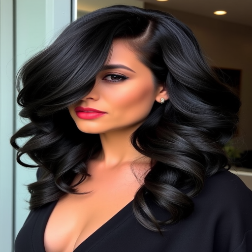 Sophisticated long layers in glossy jet black, styled with voluminous curls and a deep side part, exuding timeless glamour and sophistication