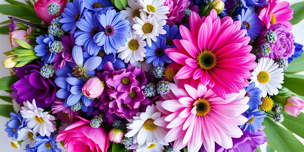 Create a vibrant floral arrangement with a focus on blue, purple, and pink flowers, shot with a DSLR camera at f/2.8 aperture, ISO 100, 50mm lens, top-down view, natural light, with an emphasis on sharpness and color saturation.