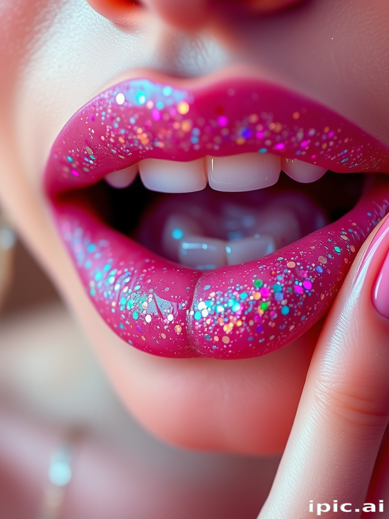 Enchanting "Fairy Dust" lip style incorporates a translucent base with multicolored, iridescent glitter, creating a magical, otherworldly effect that sparkles with every movement