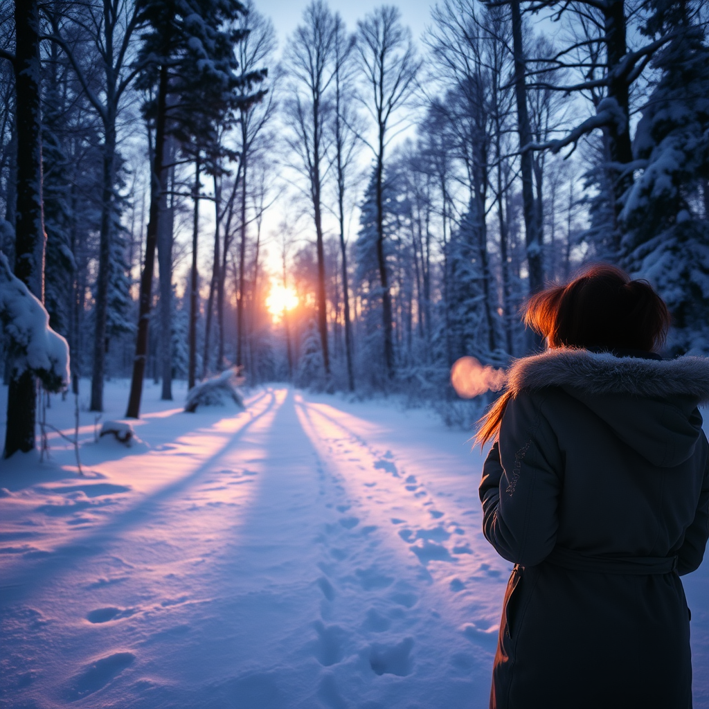 Snow-covered forest at twilight, with the last light of day casting long shadows on the snow, a woman in a thick coat walks through the trees, her breath visible in the cold air as she enjoys the peaceful scene.