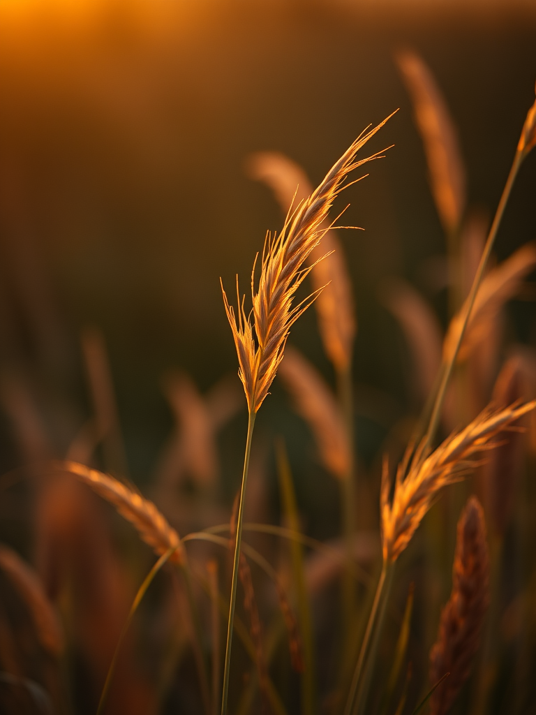 Capture a close-up shot of tall grass swaying in the wind at golden hour, using a DSLR camera with a 50mm lens, aperture set to f/1.8 for shallow depth of field, ISO 200, and a shutter speed of 1/250 sec.
