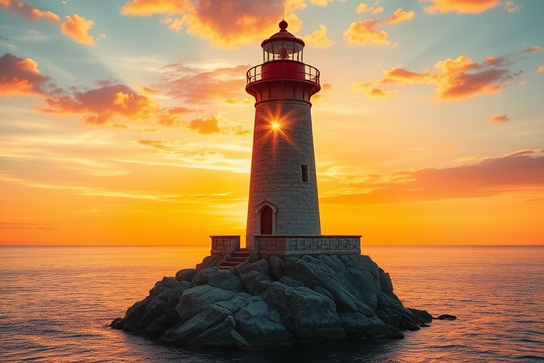 Generate an image of a tall lighthouse perched on a rocky outcrop surrounded by calm ocean waters during a breathtaking sunset. The lighthouse stands sturdy and weathered, its stone surface illuminated by the warm golden light of the setting sun. The sun's rays pass directly through the glass lantern room at the top of the lighthouse, casting a brilliant light across the scene. The sky is painted with vibrant shades of orange, pink, and purple, reflecting off the tranquil sea. The surrounding water shimmers with the same warm hues, creating a serene and majestic atmosphere.