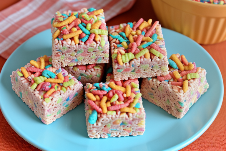 Colorful Rice Cereal Treats Topped with Vibrant Candy Sprinkles on a Plate.