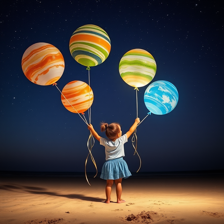 Create an enchanting night scene of a child holding balloons shaped like planets, standing on a sandy beach, with a starry sky overhead; use a wide-angle lens at f/2.8, ISO 100, shutter speed 1/60s, DSLR camera style, and HDR imaging for enhanced details and colors.