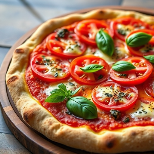 Capture a high-resolution image of a fresh tomato and mozzarella pizza with basil on a wooden platter, using a Canon EOS R5, f/2.8 aperture, 50mm lens, ISO 100, natural light from the side, shallow depth of field for a blurred background, showcasing vibrant colors and textures.