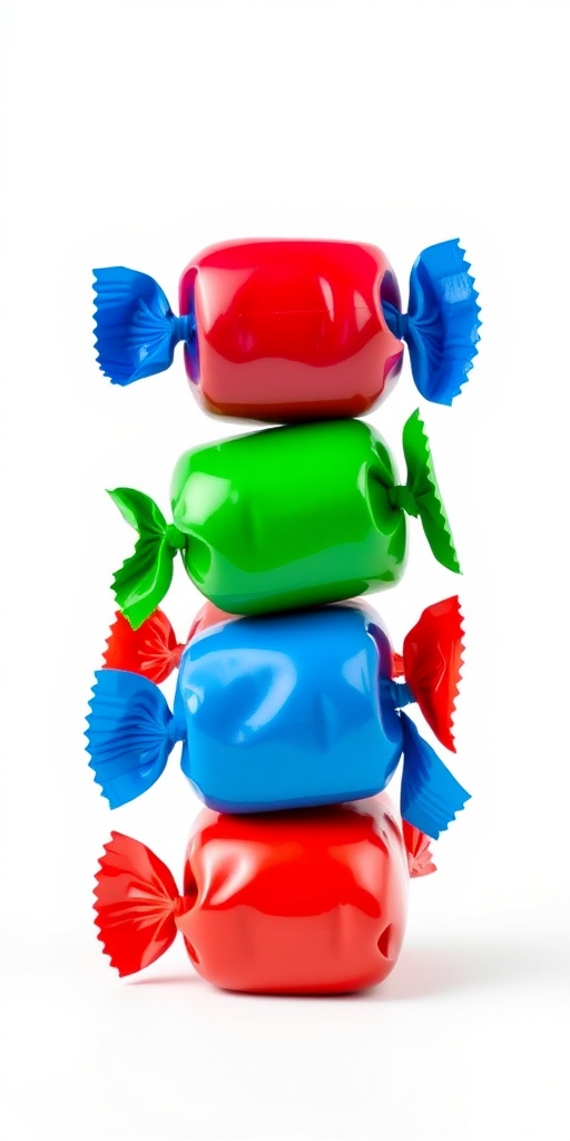 Create a high-resolution image of three glossy, wrapped candies in vibrant red, green, and blue colors stacked vertically on a plain white background, using a DSLR camera with a 50mm lens, f/2.8 aperture, ISO 100, and natural soft lighting.
