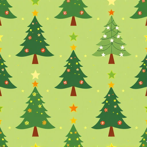 Create a seamless pattern featuring stylized Christmas trees in varying heights with colorful stars and decorations on a muted green background, shot with a DSLR camera at f/8 aperture, ISO 100, and 24mm focal length for a crisp, high-resolution image.