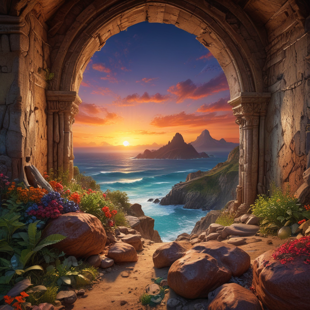 Stunning Sunset View Through Ancient Archway Overlooking Serene Coastal ...