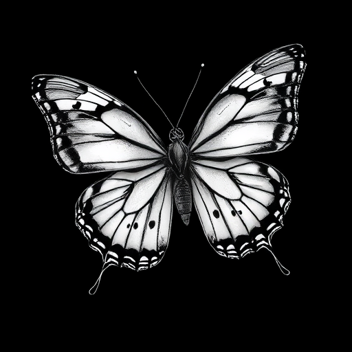 Create a high-resolution monochrome illustration of a butterfly with intricate details and sharp contrasts, using a DSLR camera with a 50mm lens at f/8, ISO 100, and a 1/200 sec shutter speed, capturing a top-down view for clarity and precision.