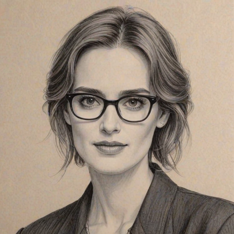 Superb Winona Ryder, pencil sketch, portrait of Enchanting woman 1980s in glasses, hair style beatnik, outline, clear lines, fine lines, 8k