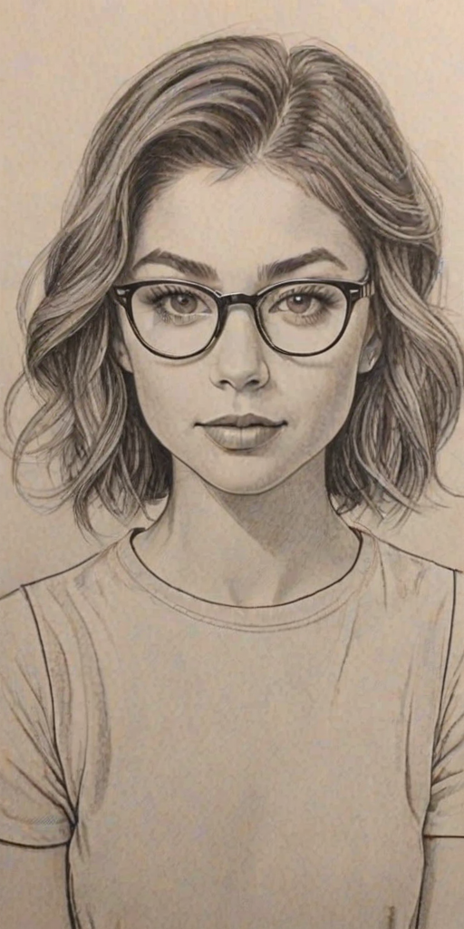 Attractive Sarah Hyland, pencil sketch, portrait of Captivating woman 1932s in glasses, hair style beatnik, outline, clear lines, fine lines, 8k