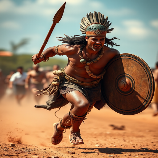 Create a dynamic image of a muscular warrior running with a spear and shield, wearing traditional tribal attire, in a painted style, using a DSLR camera, 50mm lens, f/1.8 aperture, ISO 100, shot in natural light, from a low angle to emphasize strength and motion.