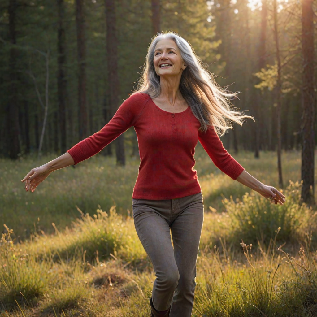 ultrarealistic, alluring caucasian woman, pirouette on her head, gray hair, long straight hair, she is wearing red clothes, the sun gently illuminates her hair. Ultrarealistic skin, stands in the meadow, 1 girl, age - about 50 years old, swarthy complexion, ultrarealistic skin, smiles gently, stands near the campfire. She looks sexy
