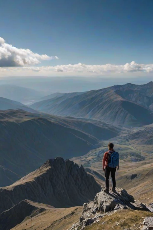 Dramatic mountain landscape, with a lone hiker standing at a viewpoint, gazing at the vast valleys below, as clouds drift lazily by against a blue sky.