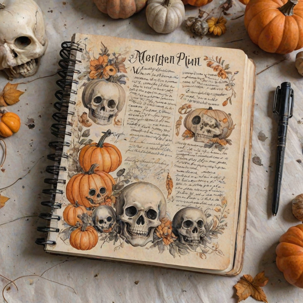 Design a detailed watercolor, vintage-inspired Halloween-themed imagery for a cottagecore junk journal. The design features a spooky yet shabby chic aesthetic with handwritten elements in faded ink, showing slight wear. Include pumpkins, cute ghosts, and adorable skulls alongside autumn florals, all rendered in soft pastel colors like pale orange, cream, and black for accents. The imagery has a slight worn or parchment texture, creating a nostalgic feel. The high-resolution image has no blur, contrast, or grainy textures, and is filled with intricate details in 8k definition.