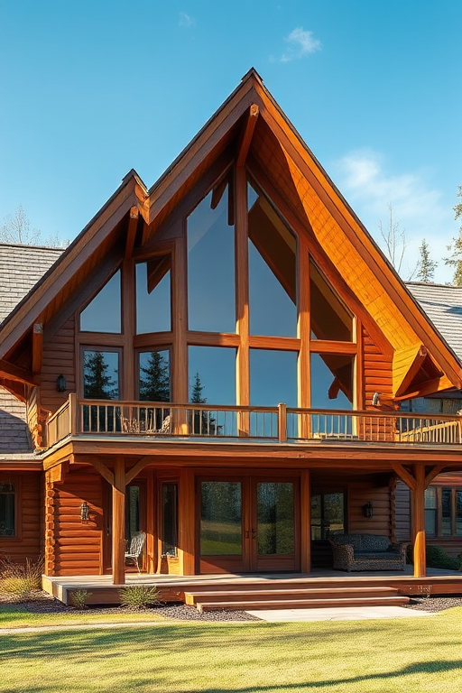 Generate a high-resolution image of a modern wooden cabin with steeply pitched roofs and large windows, shot with a DSLR camera at f/8 aperture, ISO 200, and a shutter speed of 1/250 sec, using a wide-angle lens for a dynamic view in natural lighting.