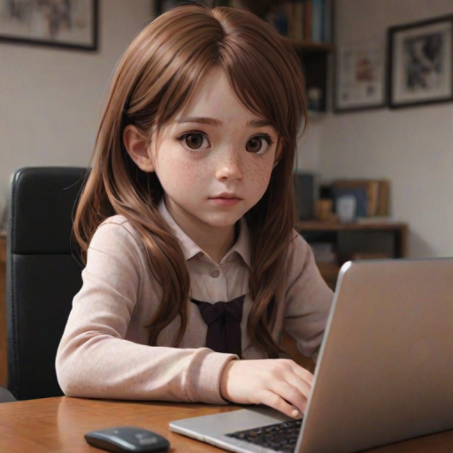 i want the whole image to be created in 3D anime style, 1girl, solo, looking at viewer, blush, brown hair, long sleeves, closed mouth, indoors, blurry, black eyes, child, freckles, head rest, female child, computer, laptop