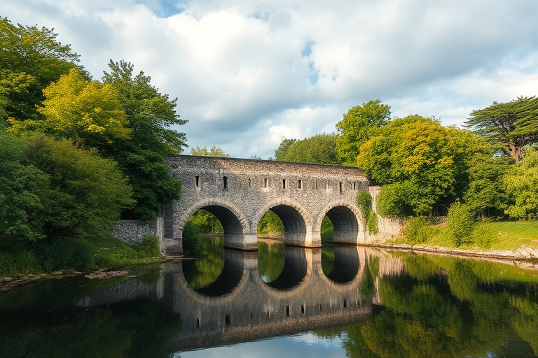 regenerate the image of a medieval stone bridge surrounded by lush green trees and a calm reflective river under a partly cloudy sky, shot with a DSLR camera at f/8 aperture, ISO 200, 24mm focal length, using a landscape orientation and natural lighting for enhanced image clarity and vibrance