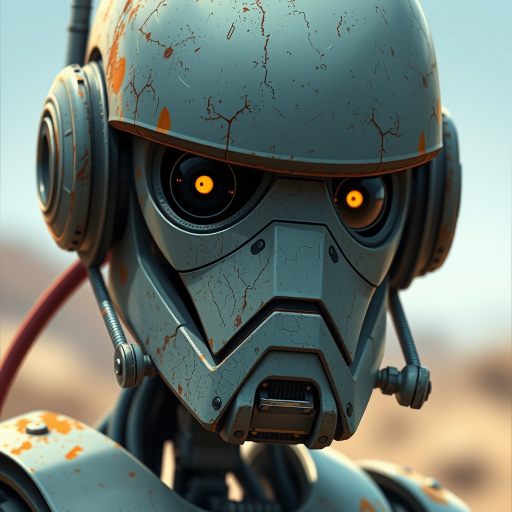 Create a digital illustration of a battle droid character with a worn and weathered appearance, captured in a close-up view using a high-resolution digital camera with f/2.8 aperture, ISO 100, and a 50mm lens, emphasizing sharp details and vibrant colors through a cinematic style.