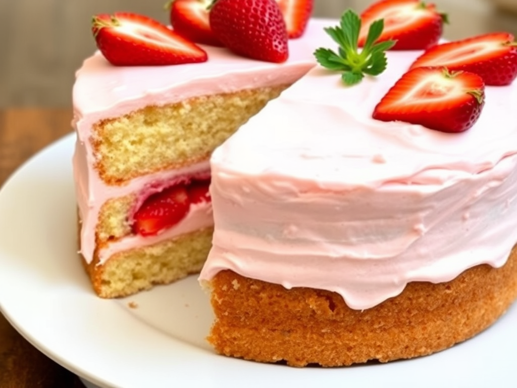 A delicious layered cake with strawberry filling and frosting topped with fresh strawberry slices on a white plate, showing a slice cut out revealing the soft, fluffy interior.