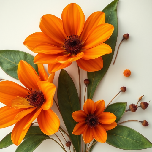 Create an abstract floral design featuring large orange flowers with green leaves and brown accents, using a high-resolution DSLR camera with a 50mm lens, f/1.8 aperture, ISO 100, and natural soft lighting for enhanced color vibrancy and detail.
